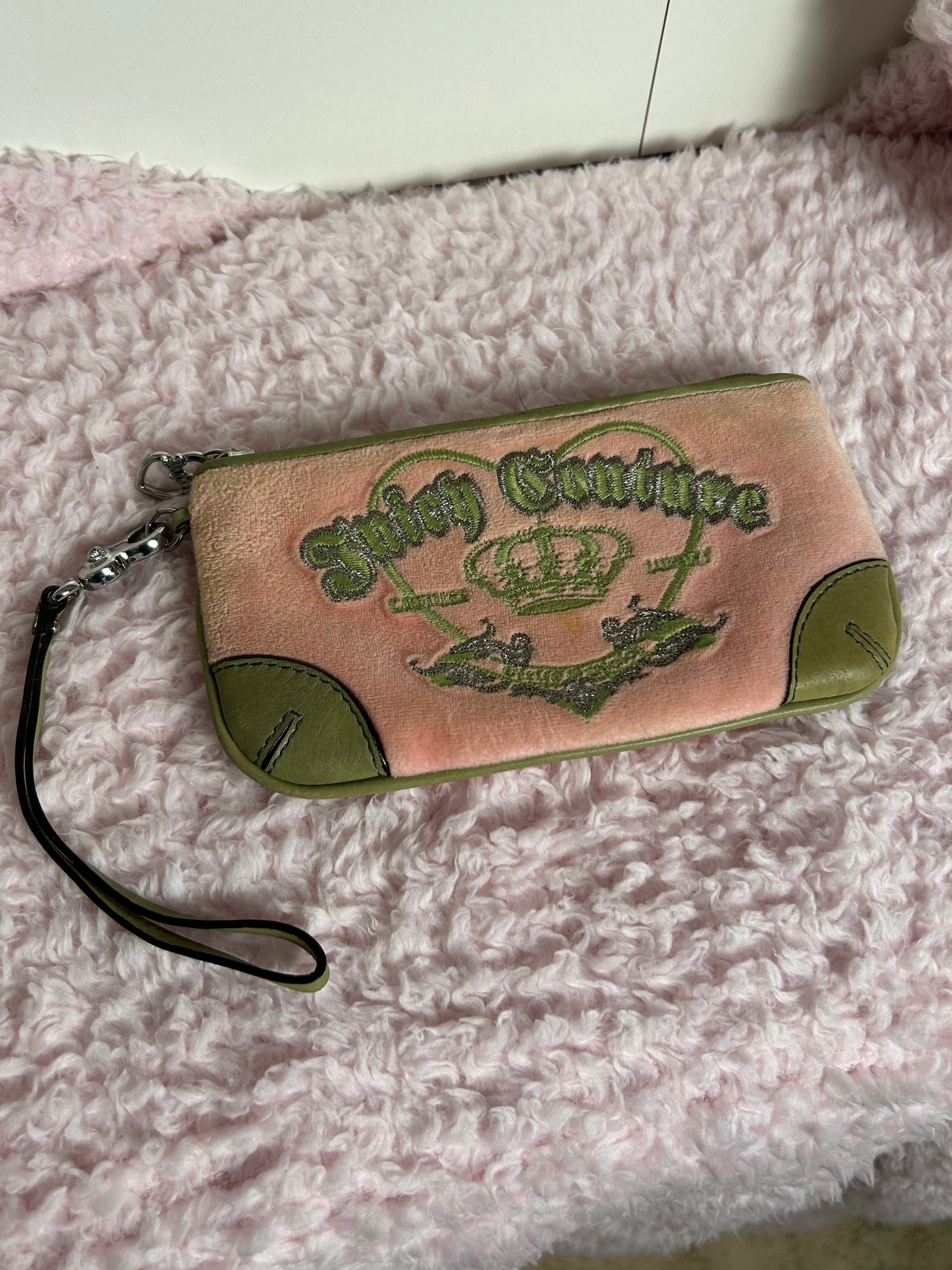 Vintage Juicy Couture Zip Wristlet in Pink and Green Crown Embroidery
