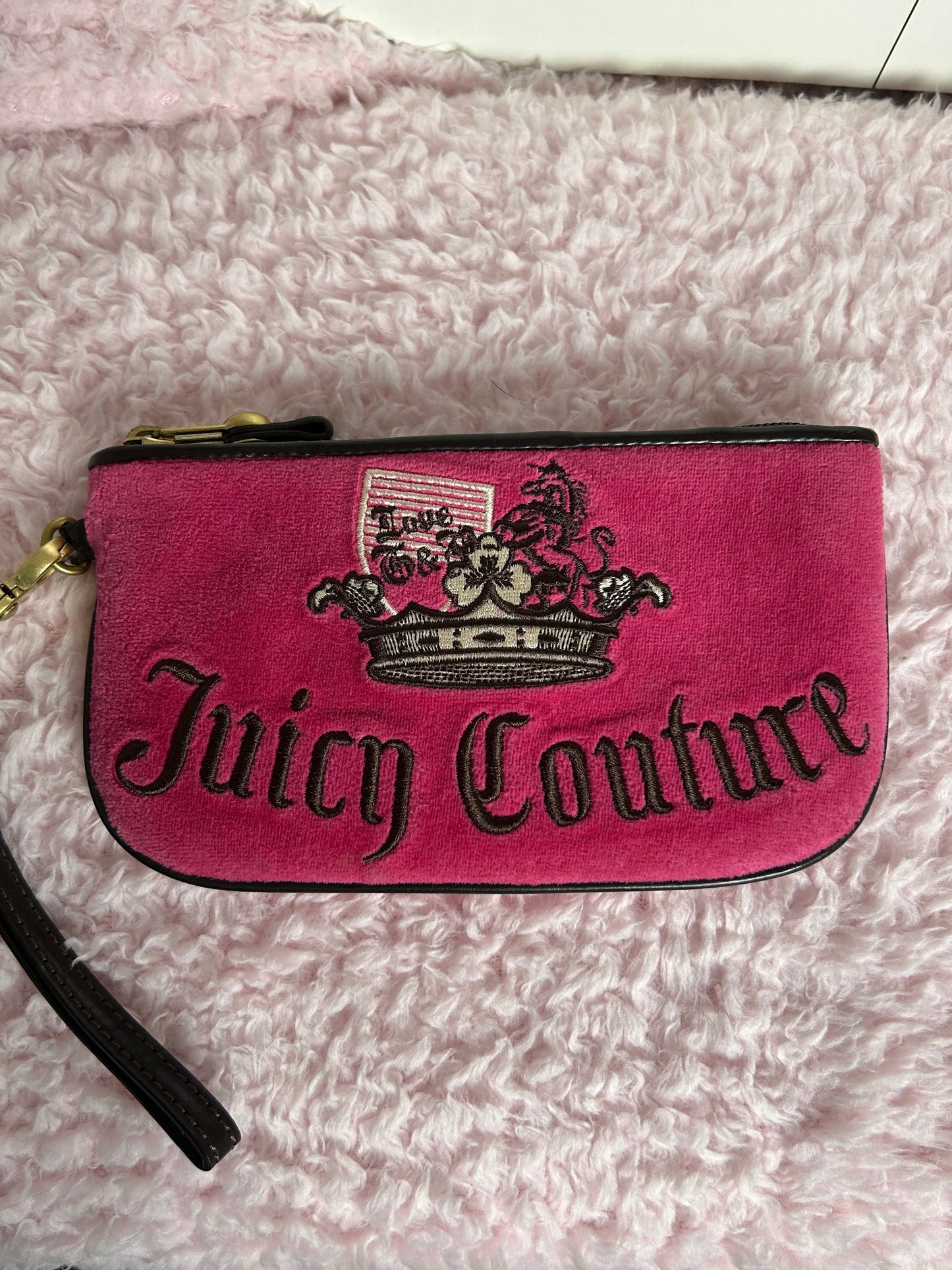 Vintage Juicy Couture Zip Pouch Wristlet Wallet Dark Pink Unicorn Embroidery