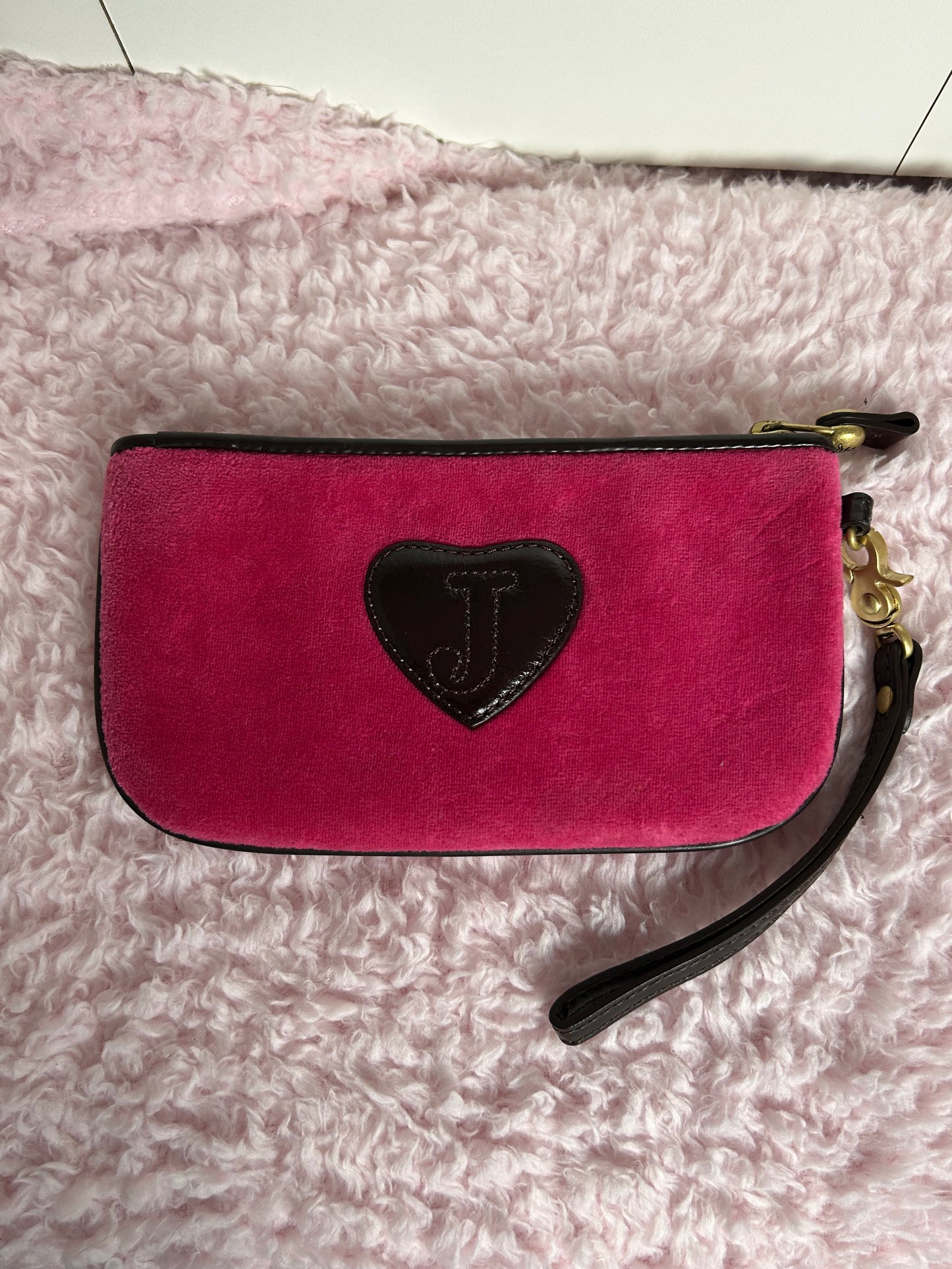 Vintage Juicy Couture Zip Pouch Wristlet Wallet Dark Pink Unicorn Embroidery