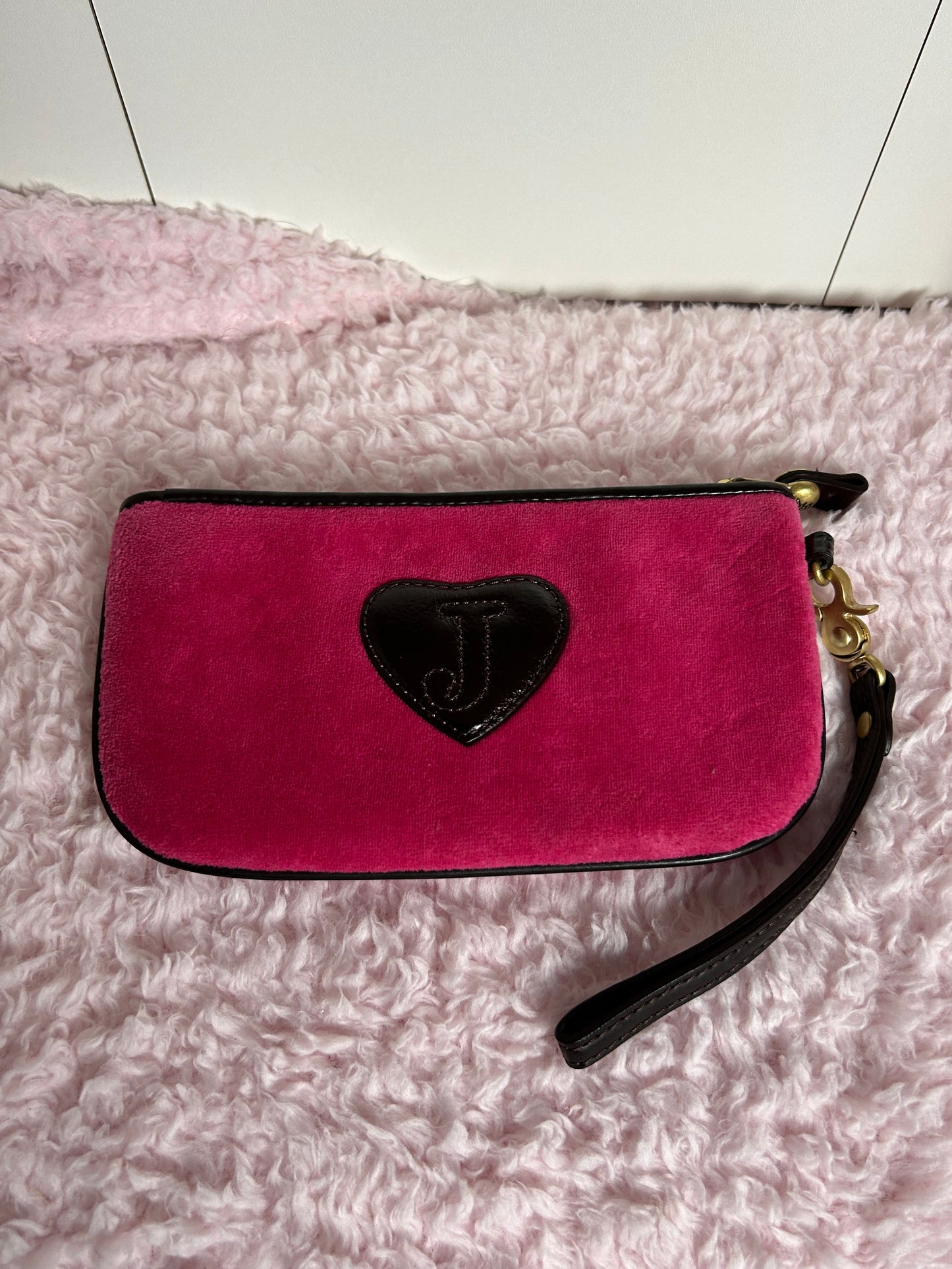 Vintage Juicy Couture Zip Pouch Wristlet Wallet Dark Pink Unicorn Embroidery