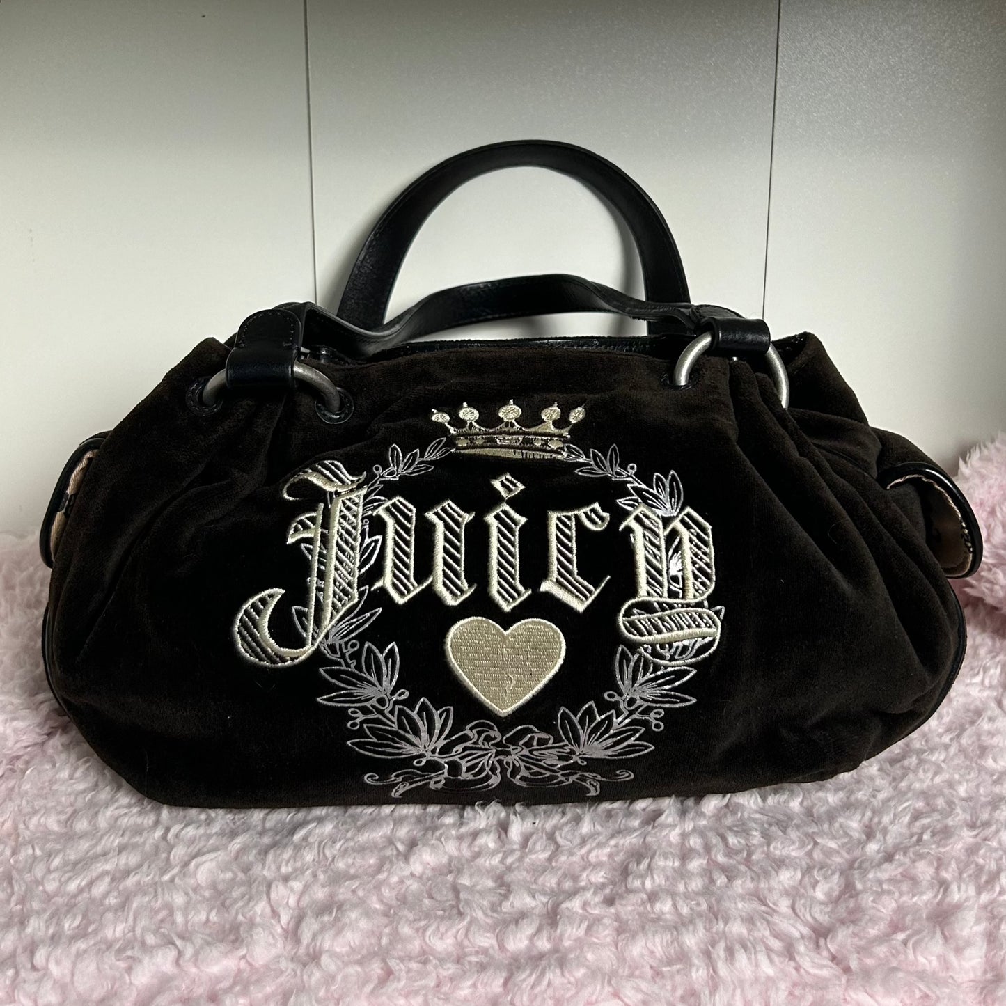 Vintage Juicy Couture baby fluffy bag in black with heart embroidery