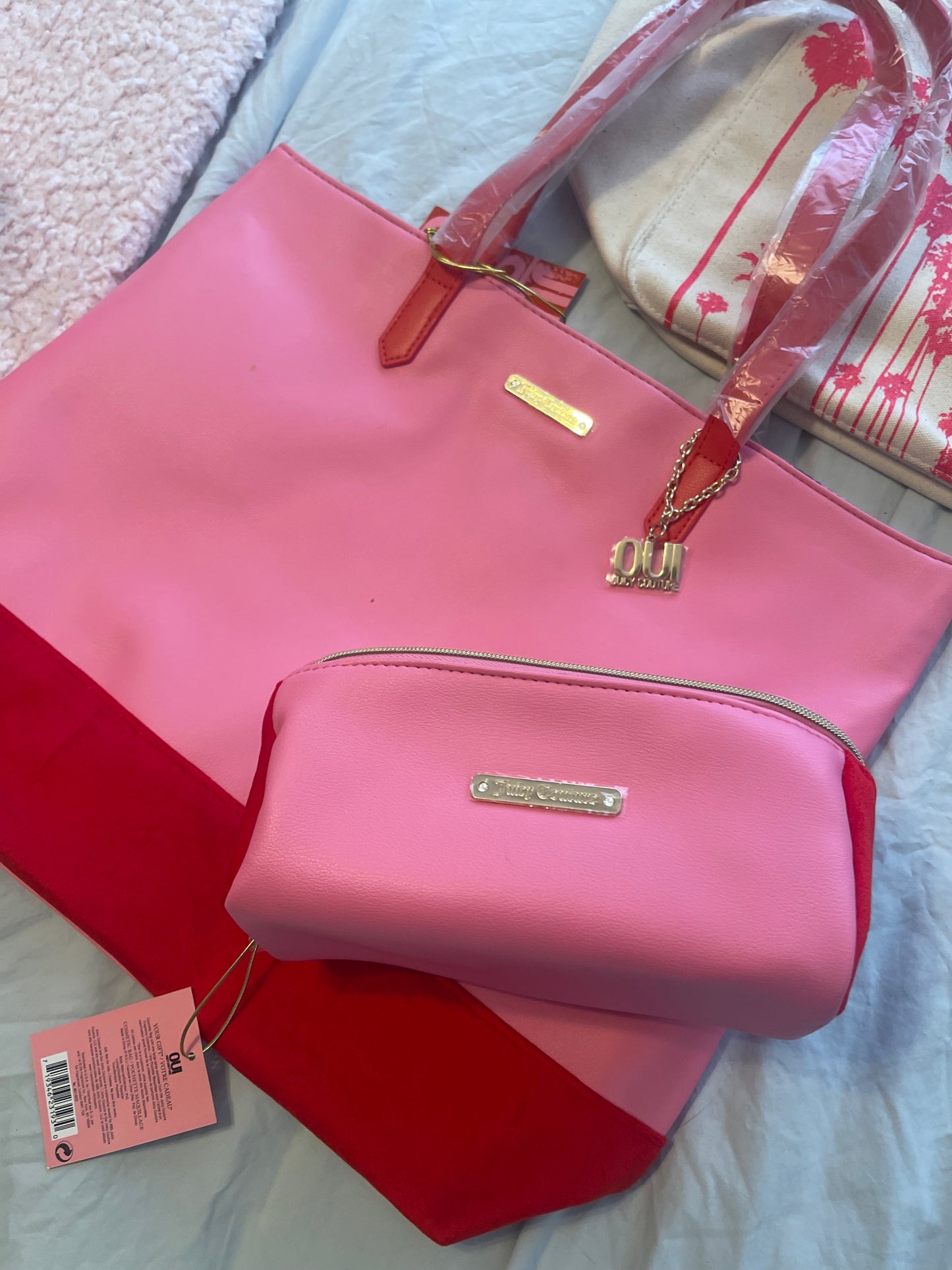 Juicy Couture NWT BUNDLE Tote Bag Pink and Red with Gold Charm AND Makeup Bag