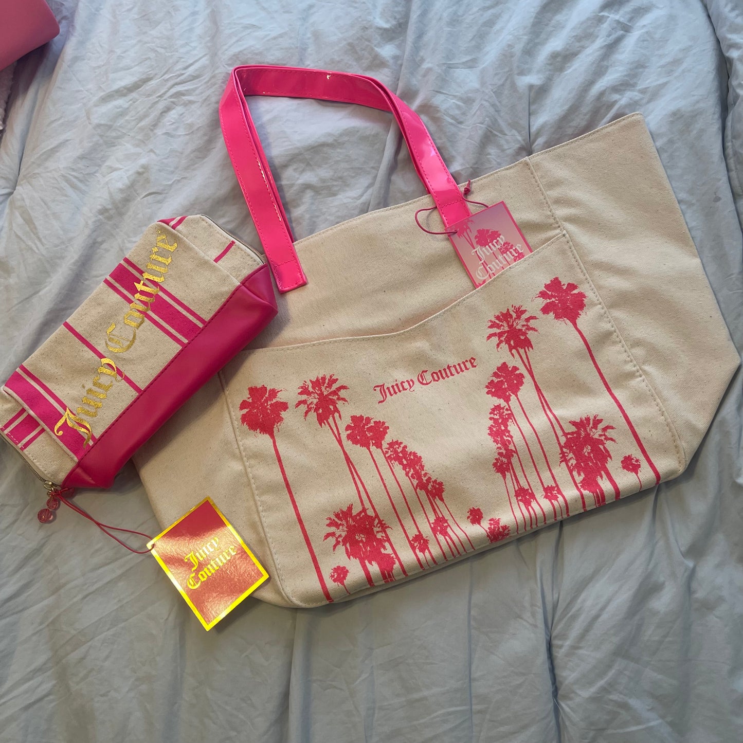 Juicy Couture NWT Makeup Bag pink and canvas with pink charm