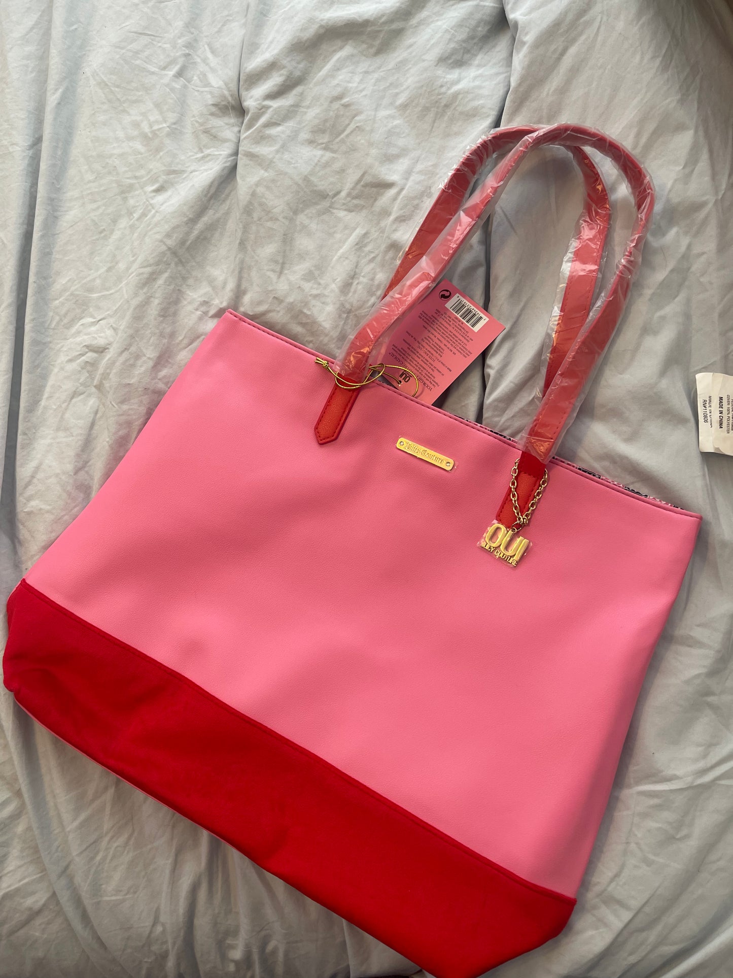 Juicy Couture NWT BUNDLE Tote Bag Pink and Red with Gold Charm AND Makeup Bag