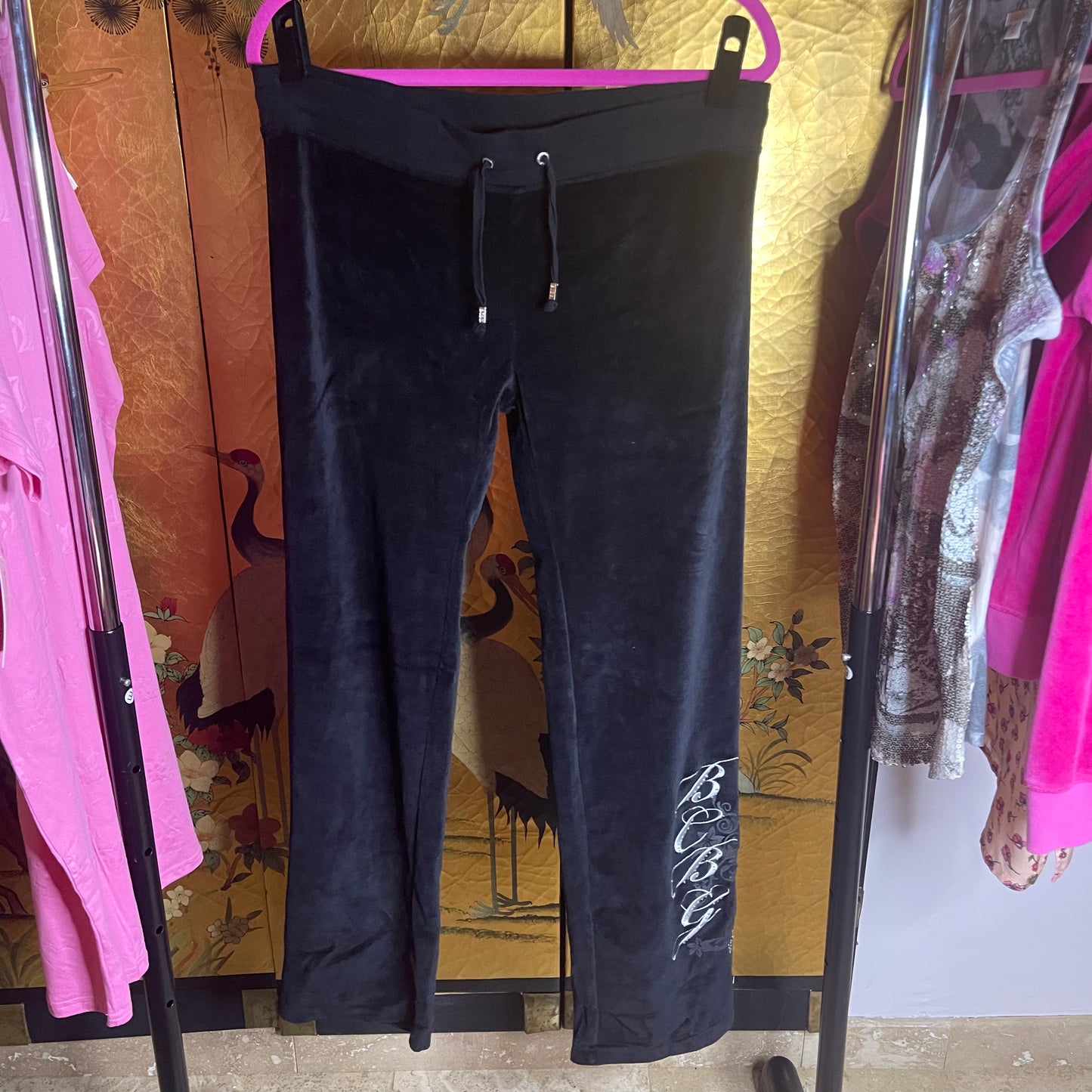 BCBG Velour Track Pants with Embroidery and Rhinestone Bling ✨ Size: L