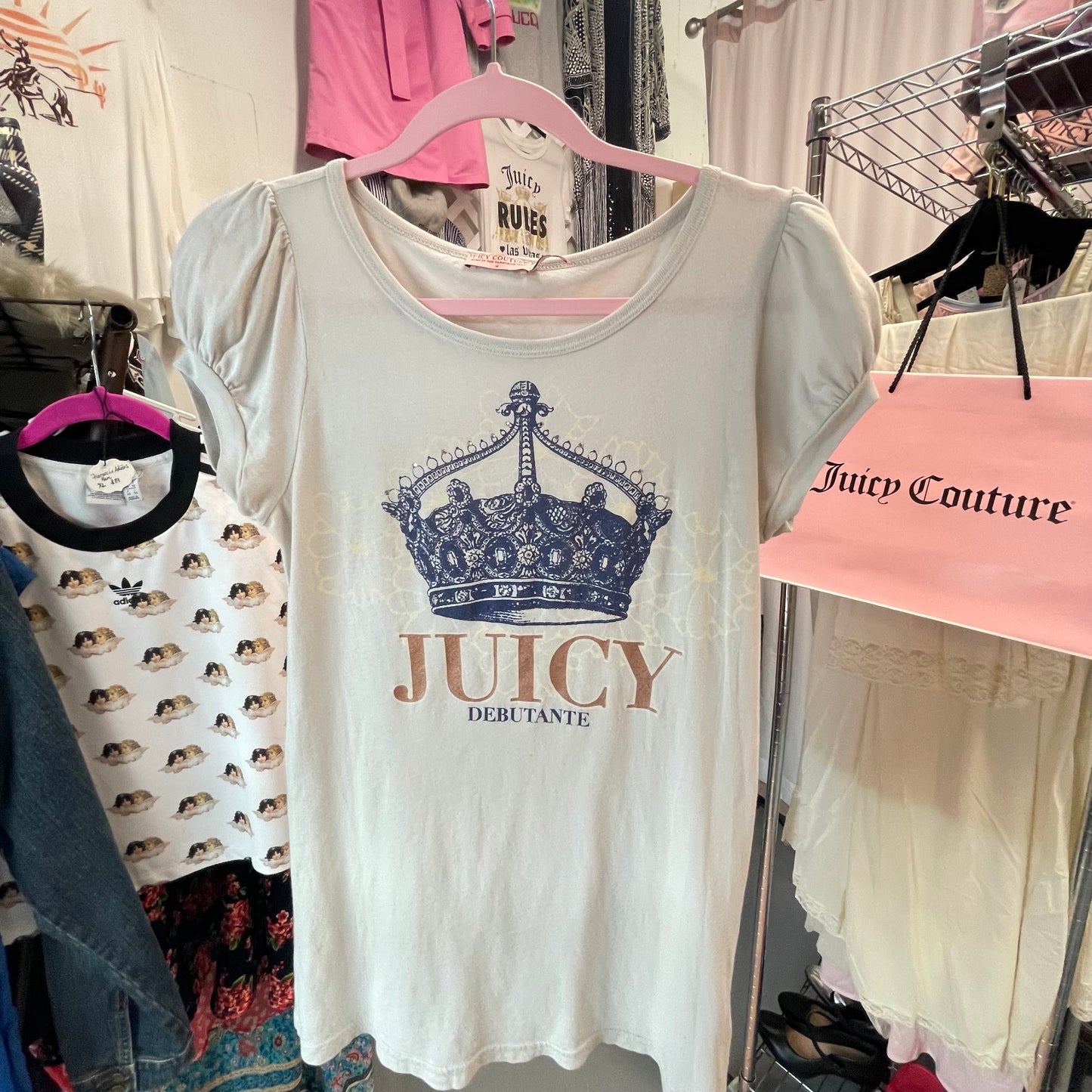 Vintage Juicy Couture Rhinestone “Juicy Debutante” Shirt with Puff Sleeves