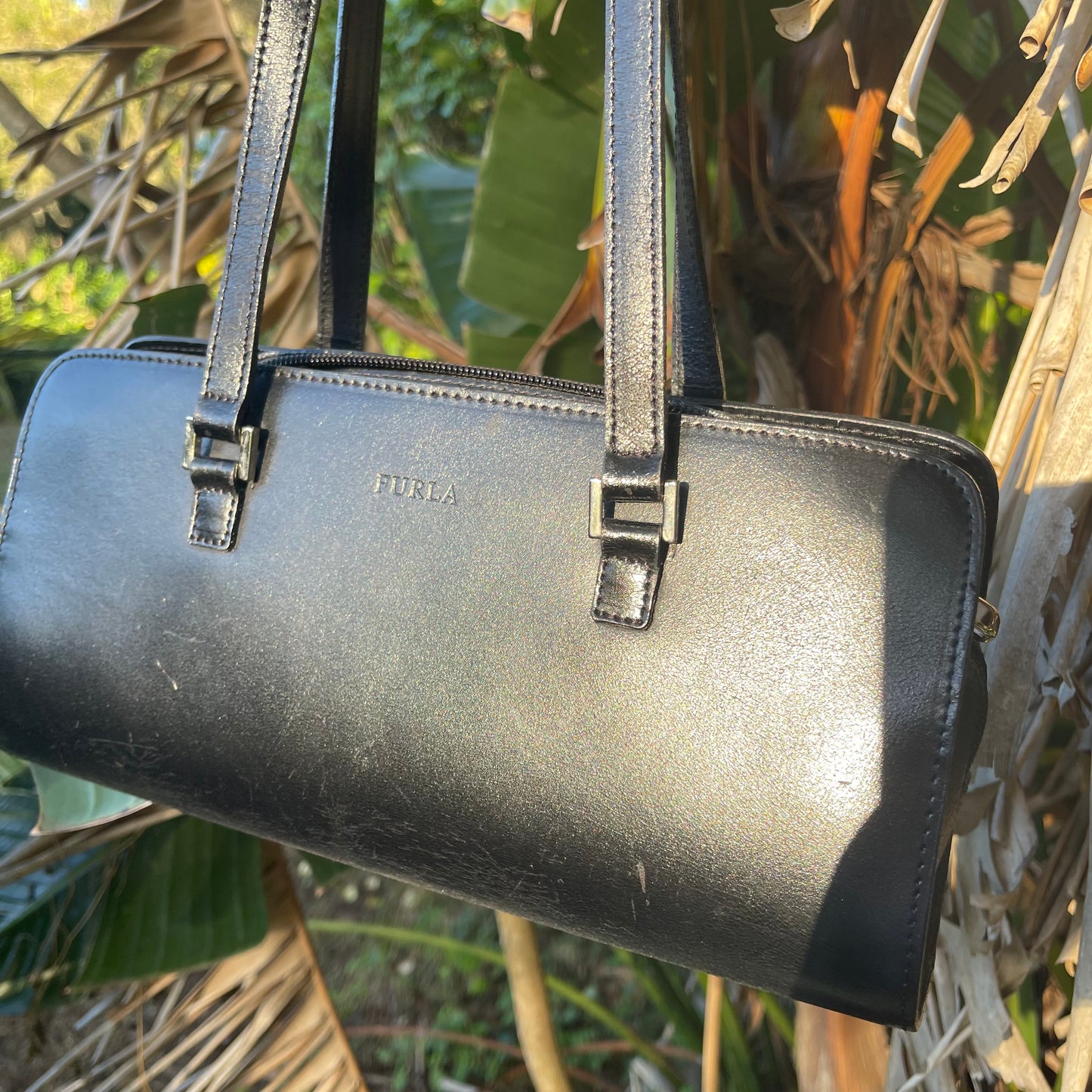 Furla Vintage 90s Y2k Black Leather barrel bag