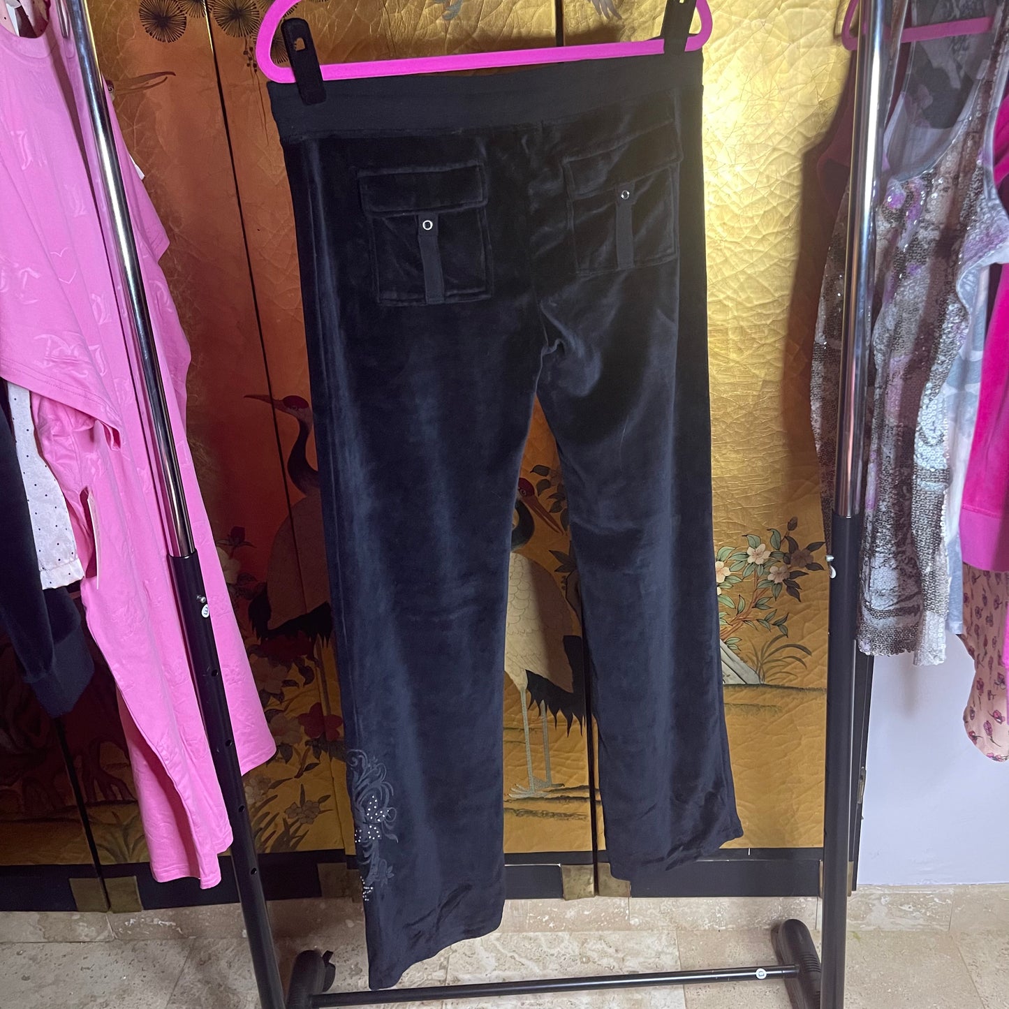 BCBG Velour Track Pants with Embroidery and Rhinestone Bling ✨ Size: L