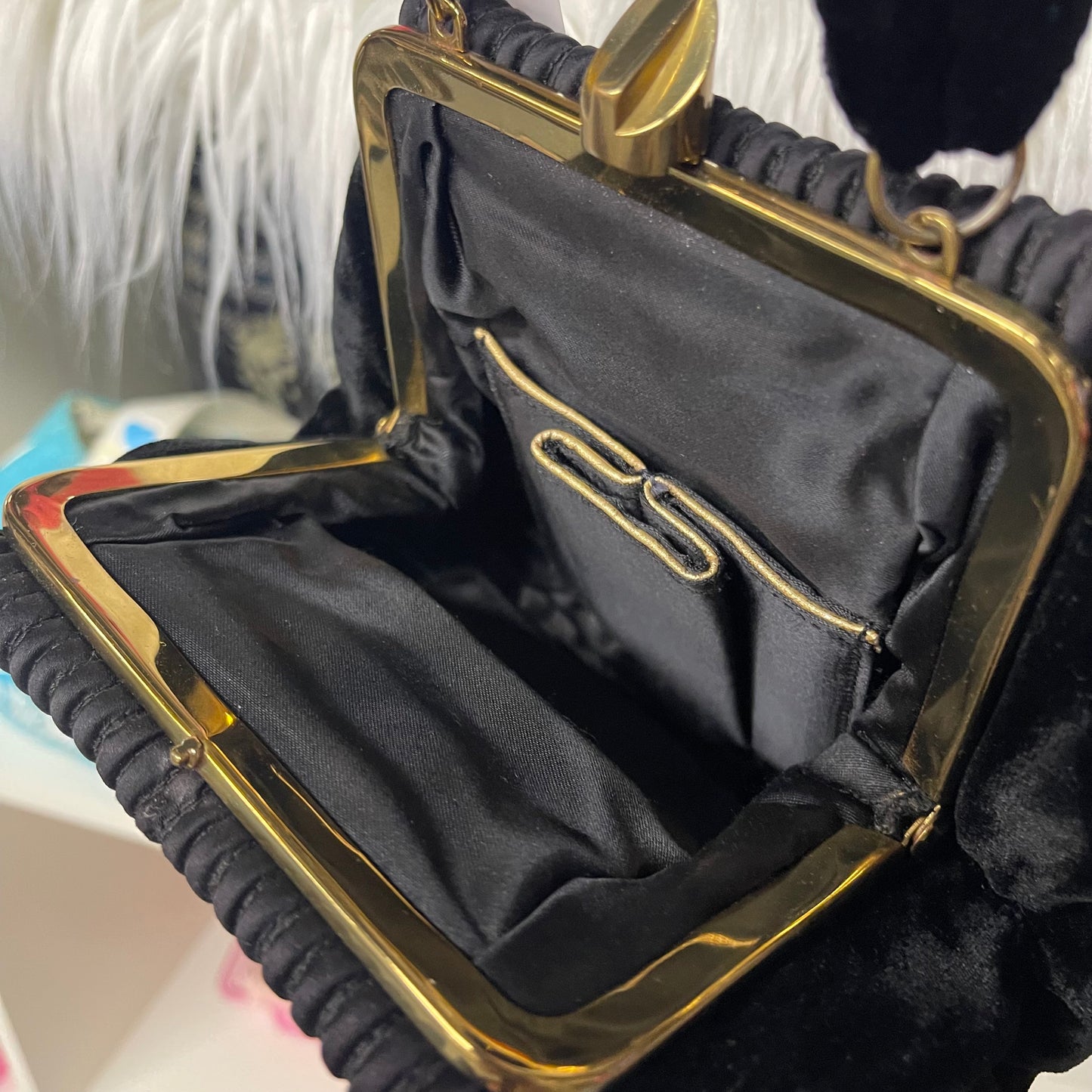 Vintage Black Velvet Bag With Gold Hardware