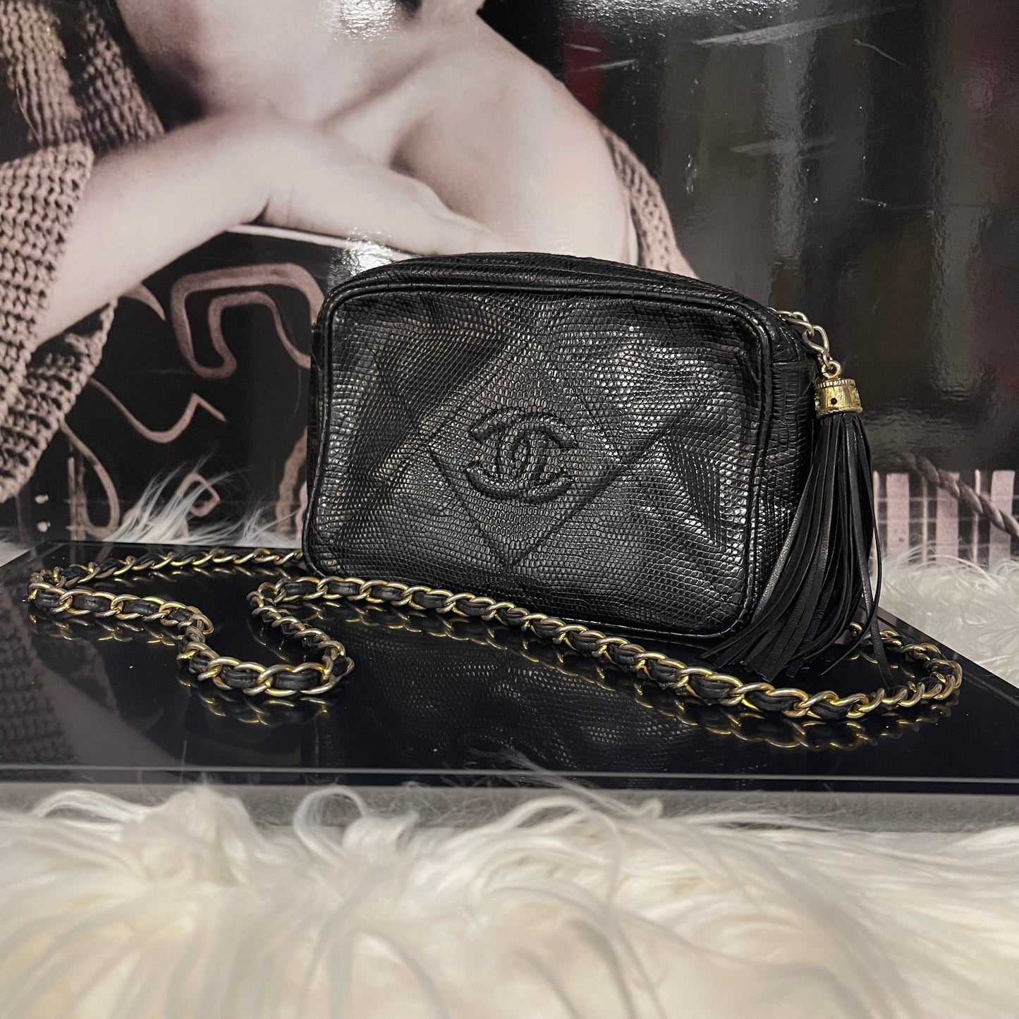 Chanel Vintage Rare Exotic Leather Camera Bag in Black Lizard with 24k Gold Hardware