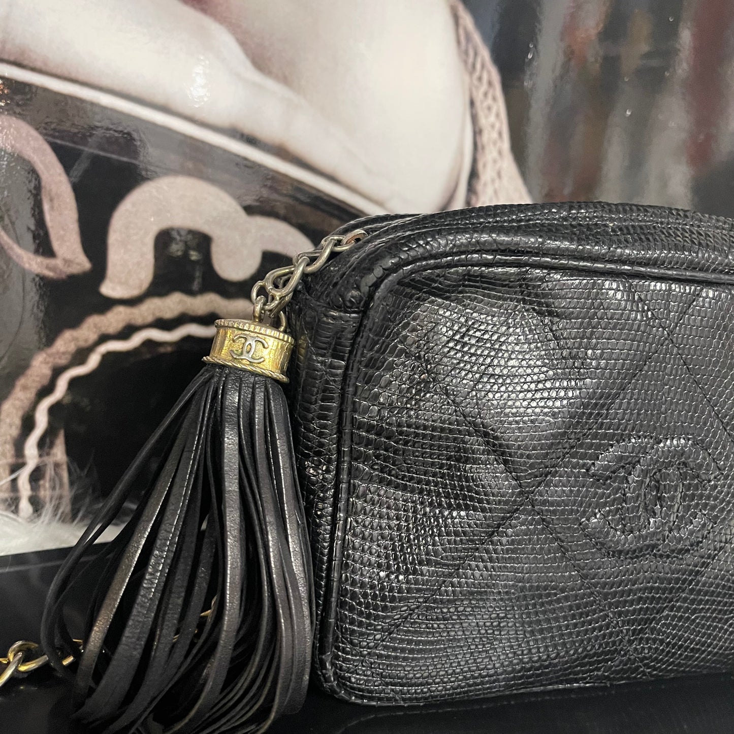 Chanel Vintage Rare Exotic Leather Camera Bag in Black Lizard with 24k Gold Hardware