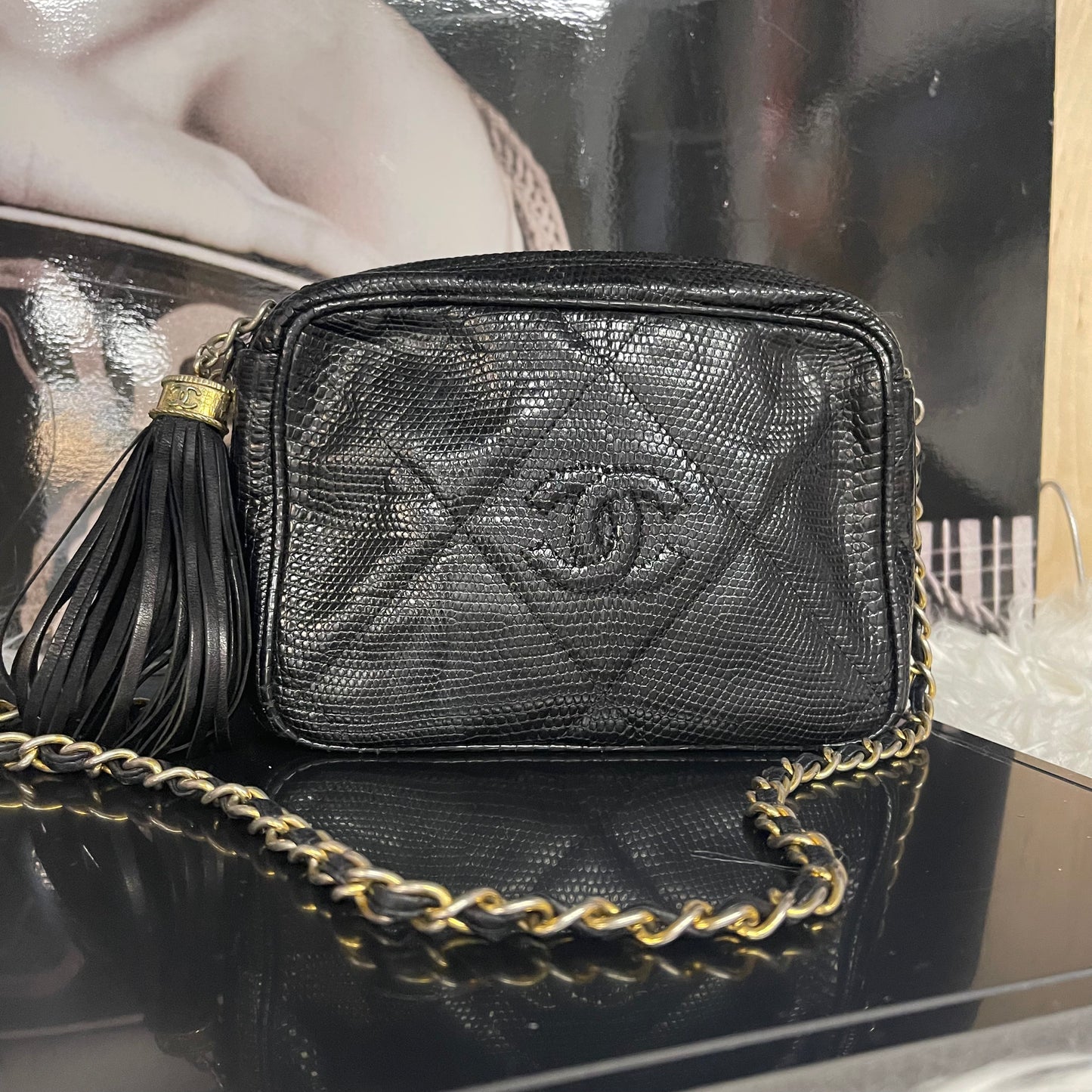 Chanel Vintage Rare Exotic Leather Camera Bag in Black Lizard with 24k Gold Hardware