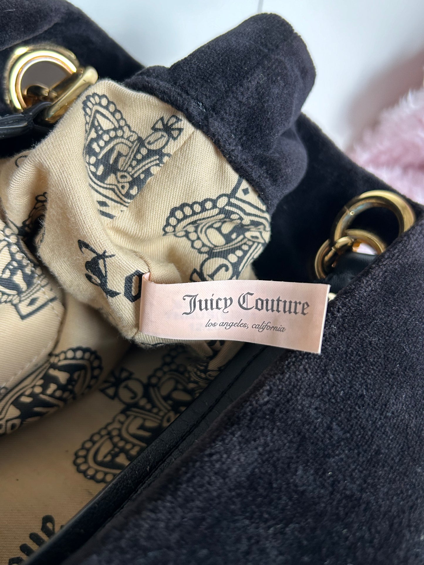 Vintage Juicy Couture Black and Gold Bag Hot Pink Embroidery