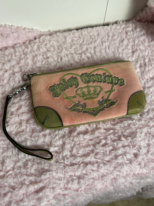 Vintage Juicy Couture Zip Wristlet in Pink and Green Crown Embroidery