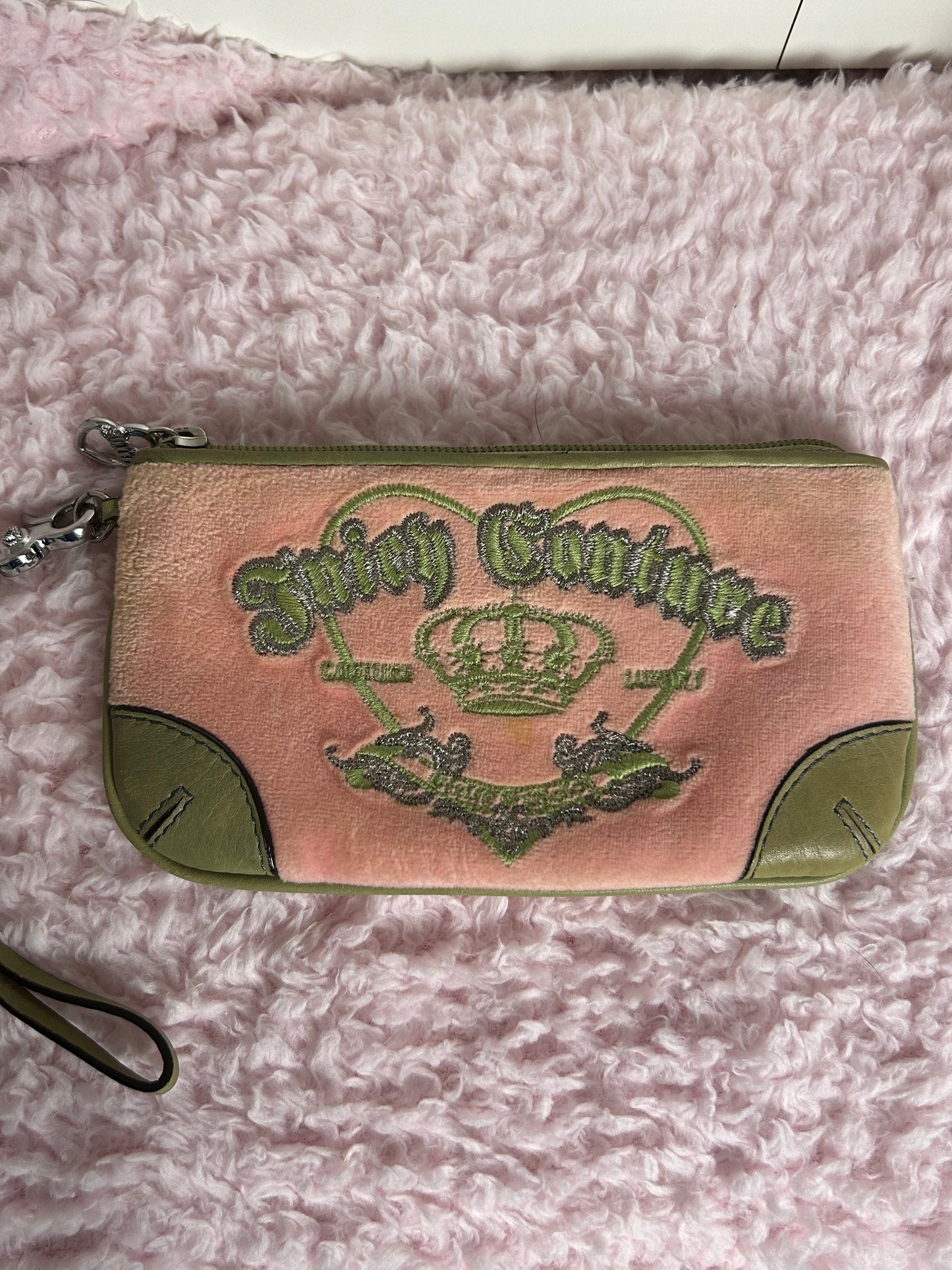 Vintage Juicy Couture Zip Wristlet in Pink and Green Crown Embroidery