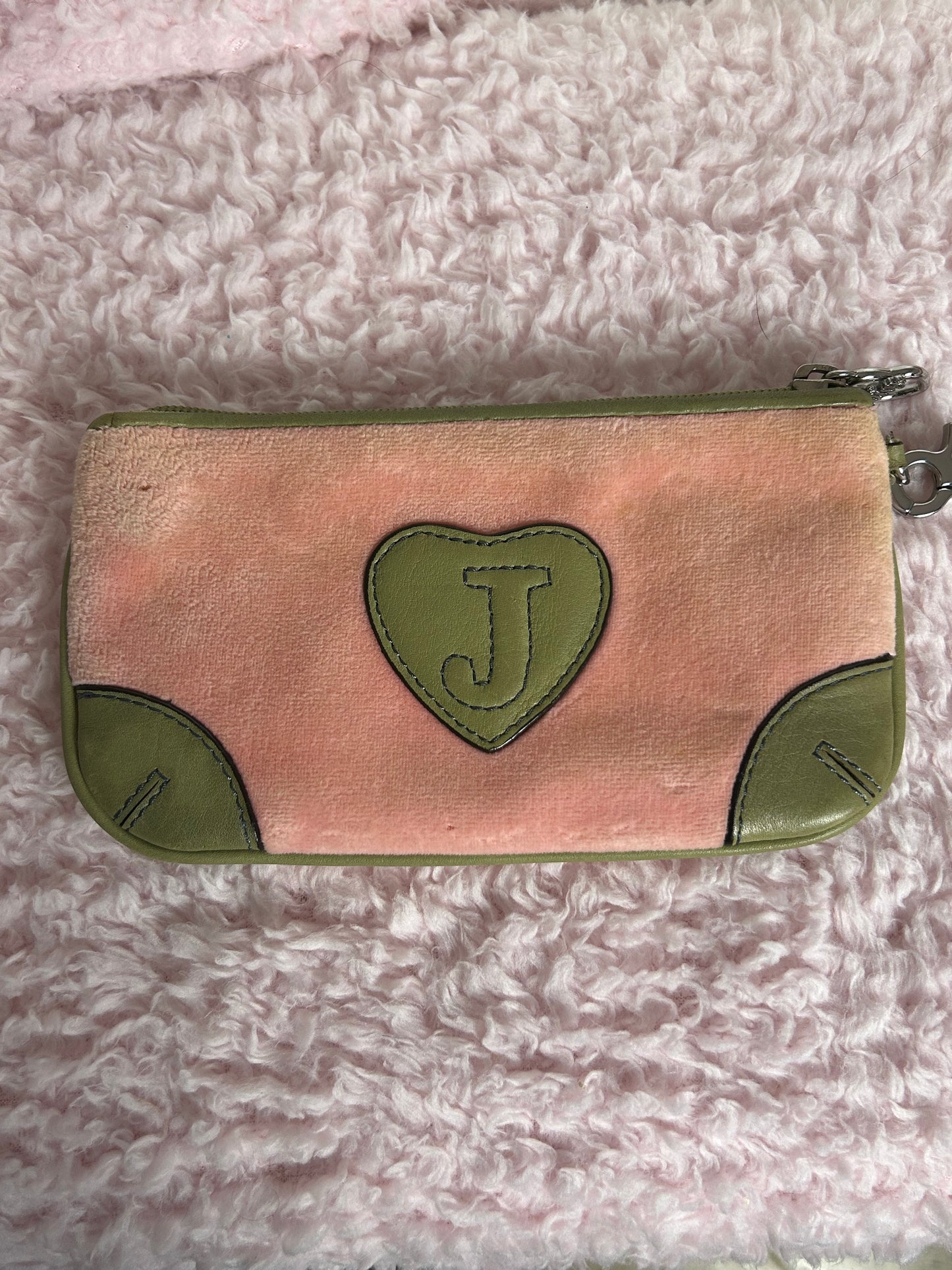 Vintage Juicy Couture Zip Wristlet in Pink and Green Crown Embroidery