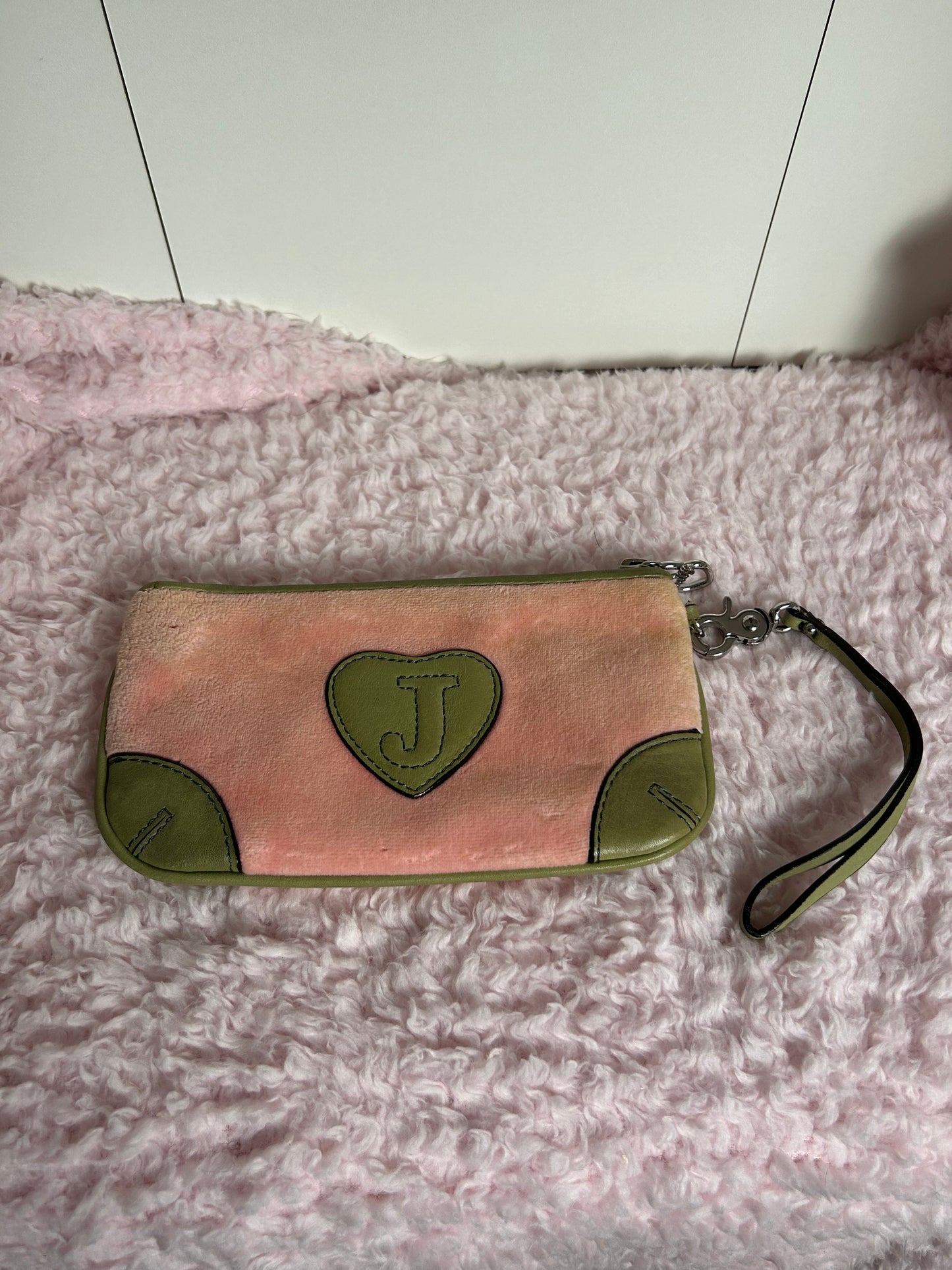 Vintage Juicy Couture Zip Wristlet in Pink and Green Crown Embroidery