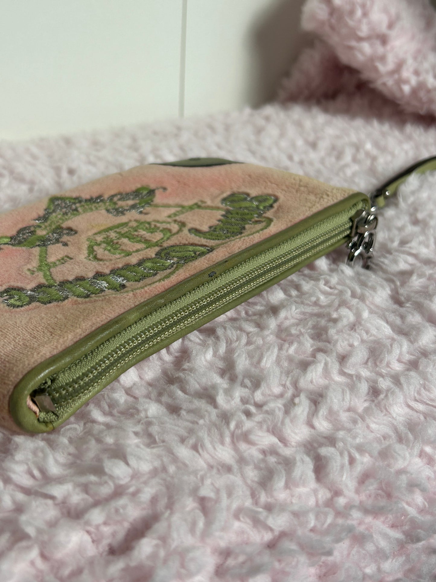 Vintage Juicy Couture Zip Wristlet in Pink and Green Crown Embroidery