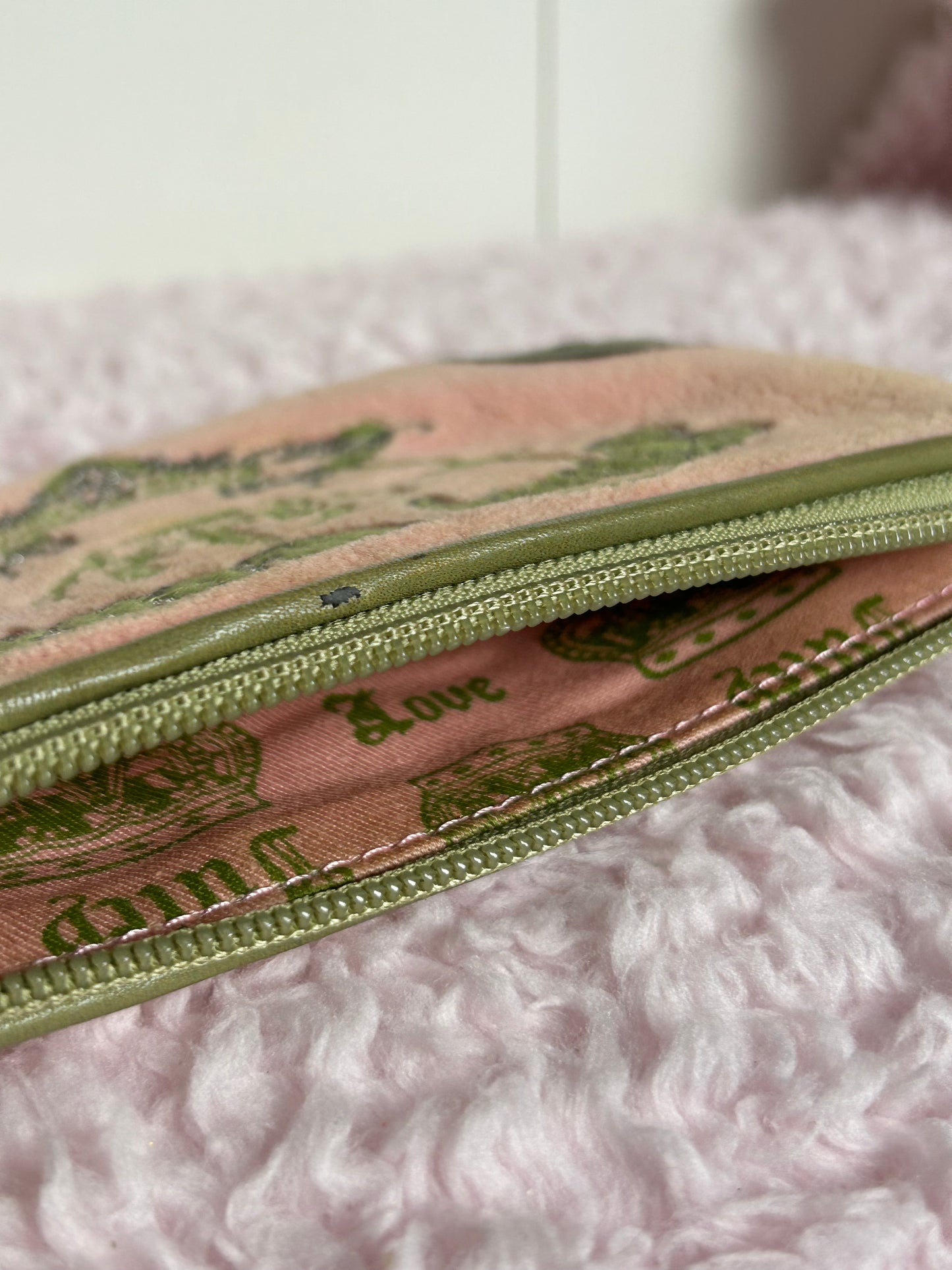 Vintage Juicy Couture Zip Wristlet in Pink and Green Crown Embroidery