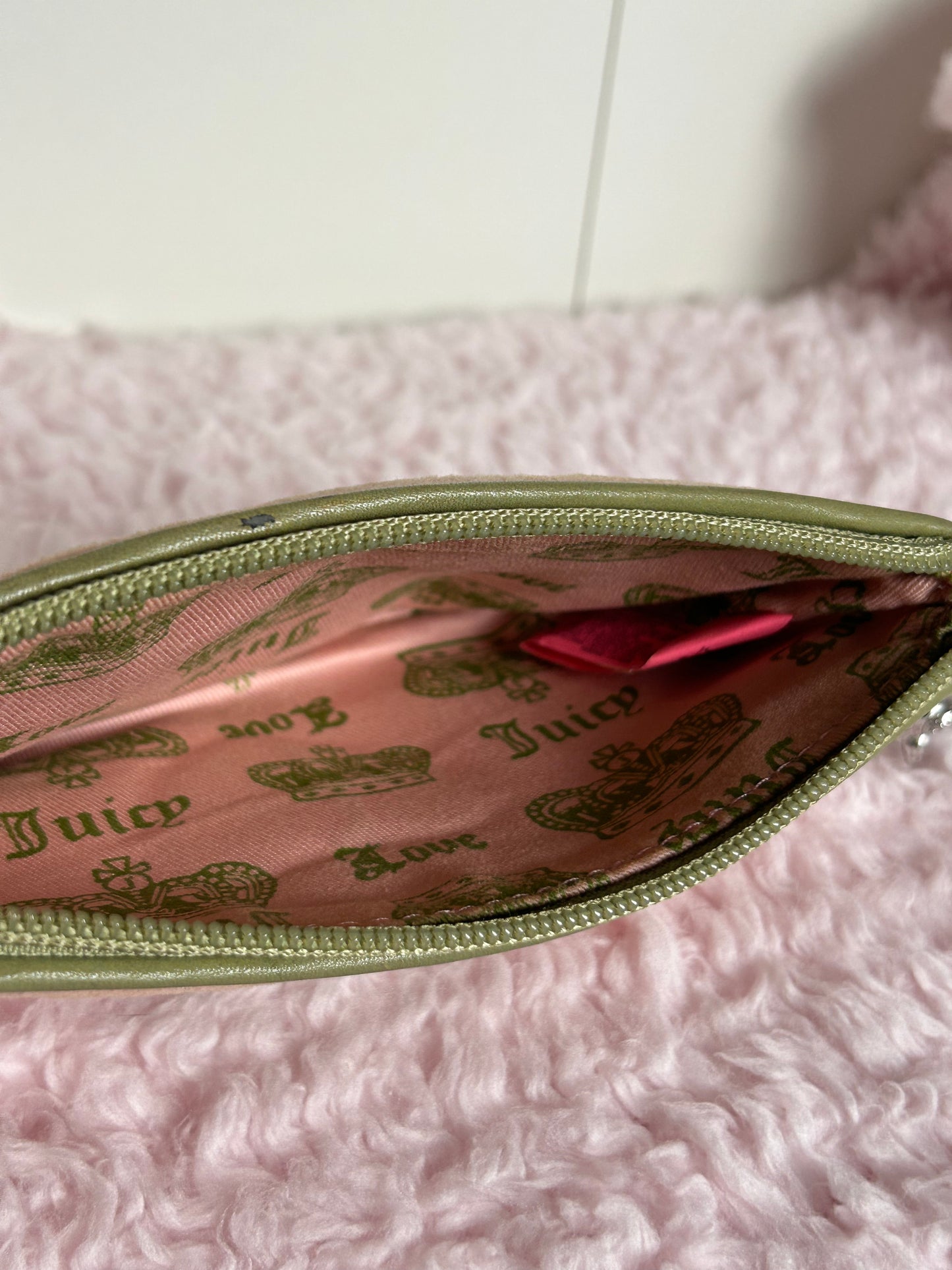 Vintage Juicy Couture Zip Wristlet in Pink and Green Crown Embroidery