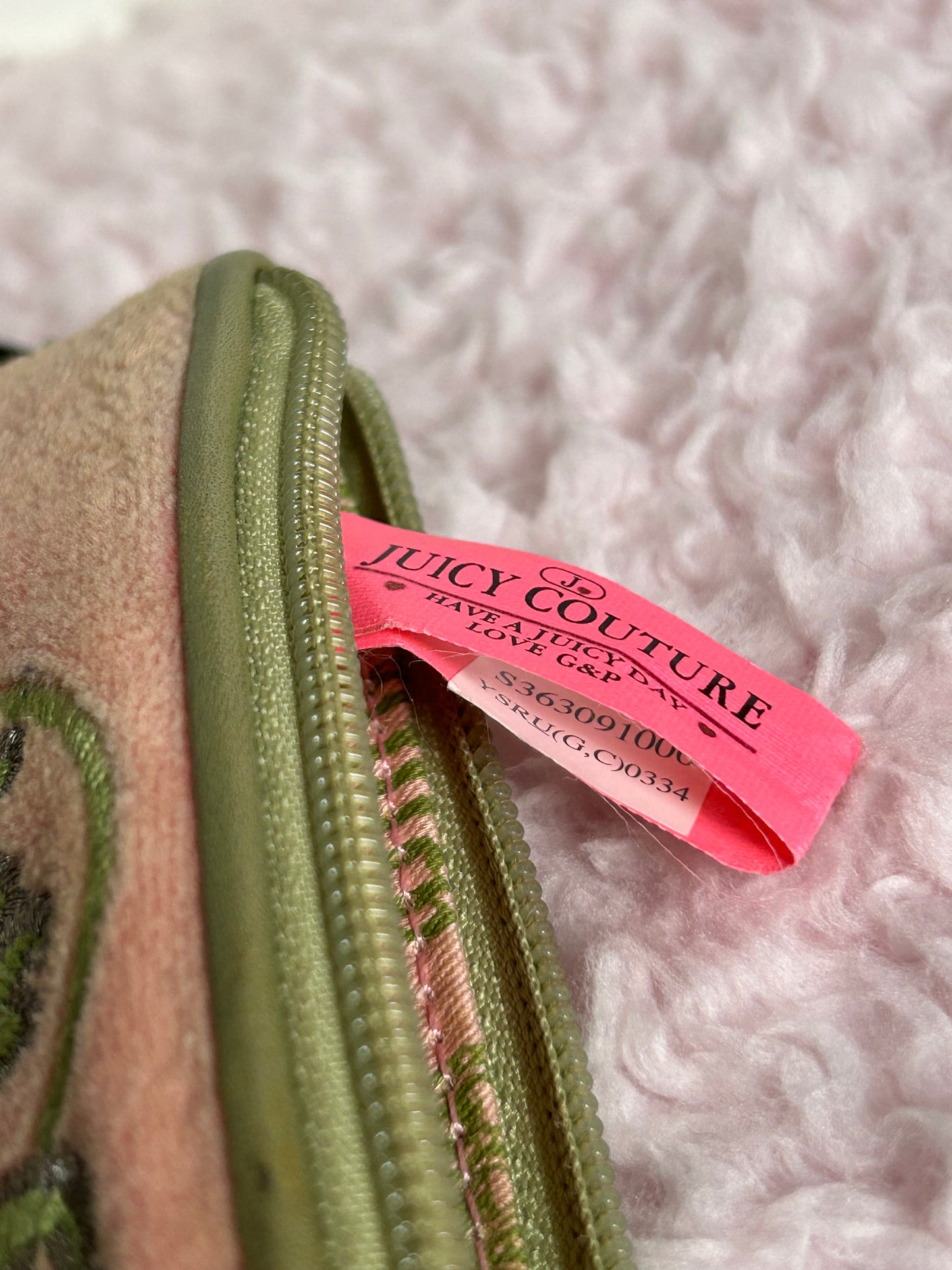 Vintage Juicy Couture Zip Wristlet in Pink and Green Crown Embroidery