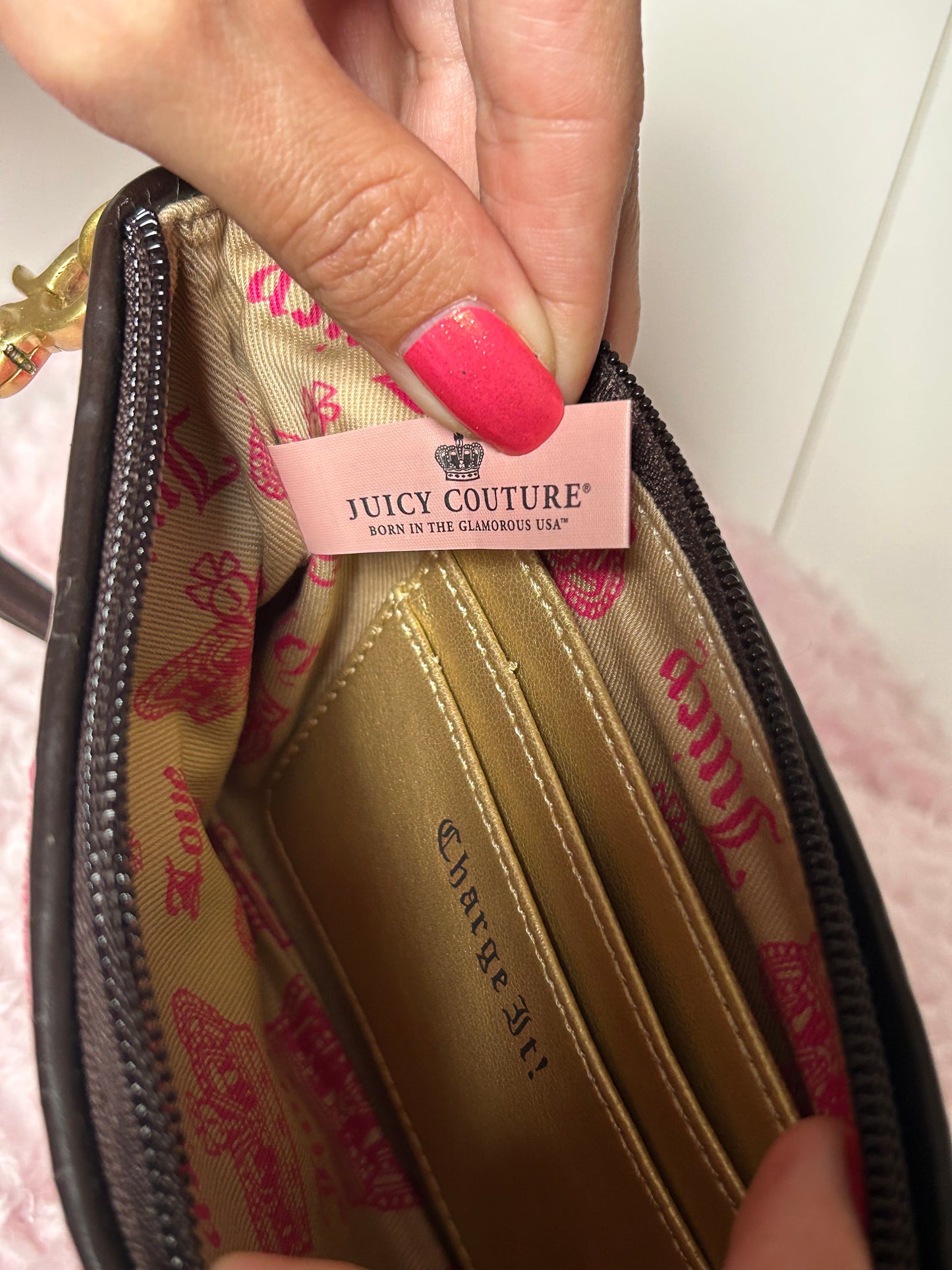 Vintage Juicy Couture Zip Wristlet in Pink and Green Crown Embroidery