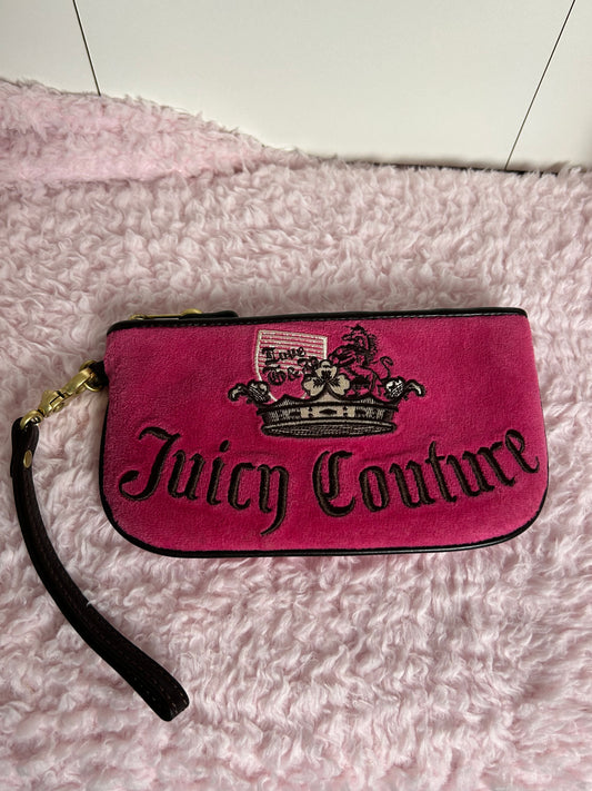 Vintage Juicy Couture Zip Pouch Wristlet Wallet Dark Pink Unicorn Embroidery