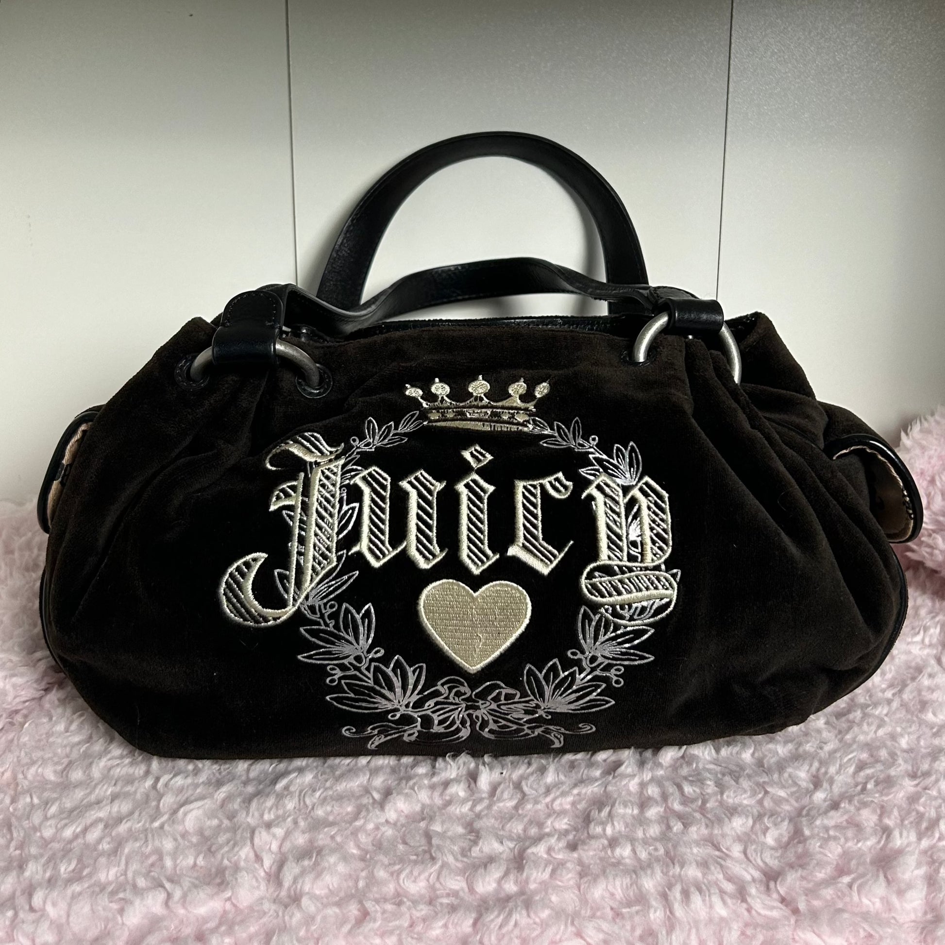 Vintage Juicy Couture baby fluffy bag in black with heart embroidery 