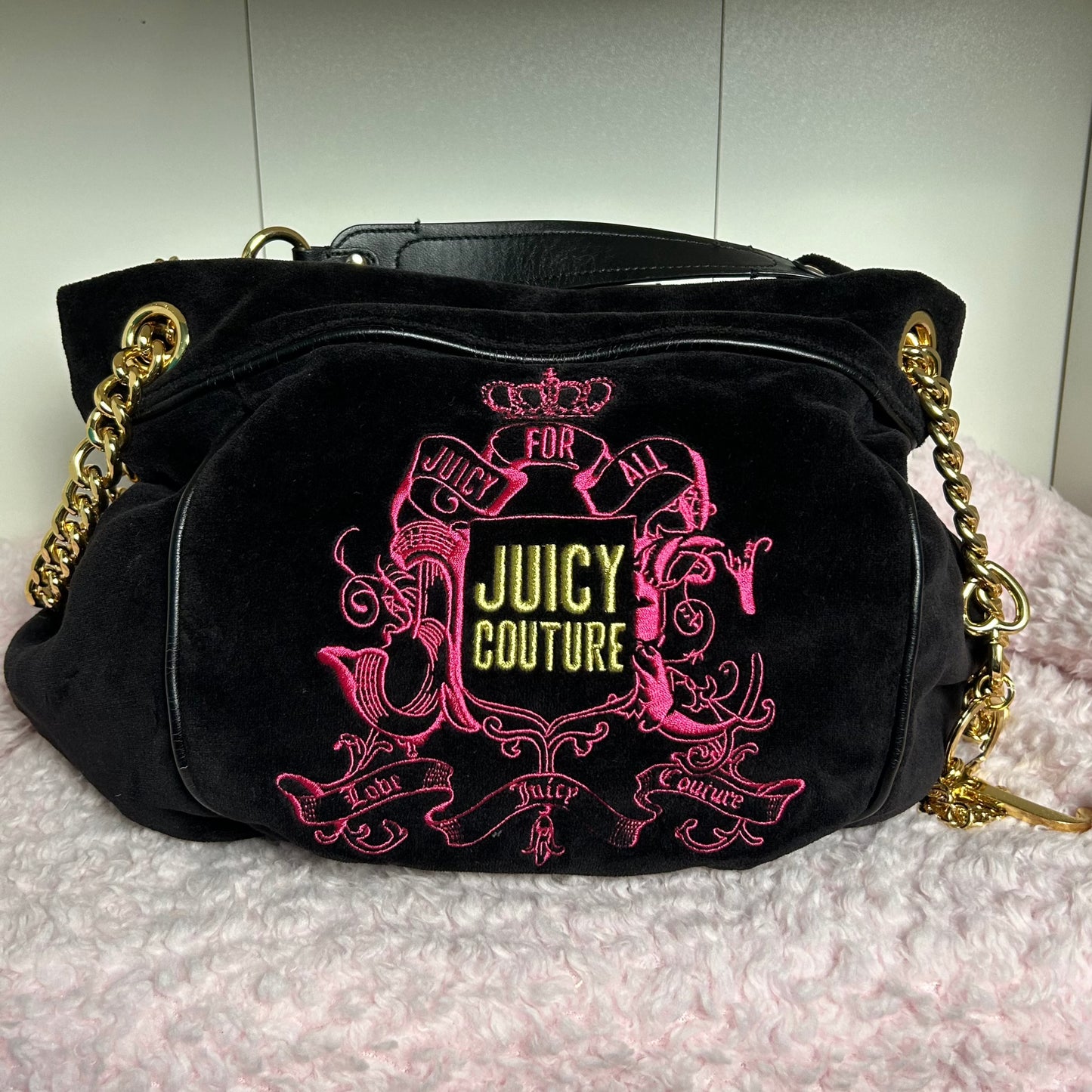 Vintage Juicy Couture Black Pink and Gold embroidery velour and leather y2k mcbling bag purse