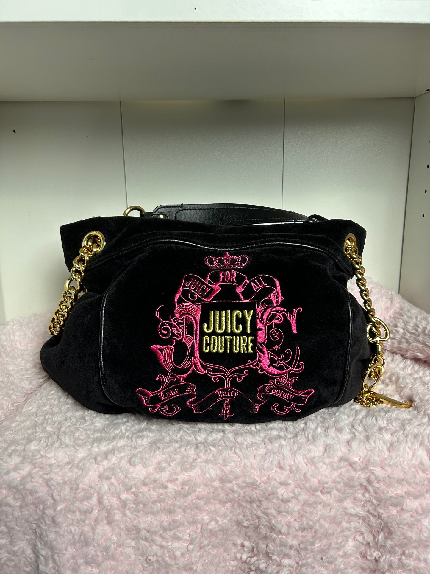 Vintage Juicy Couture Black and Gold Bag Hot Pink Embroidery