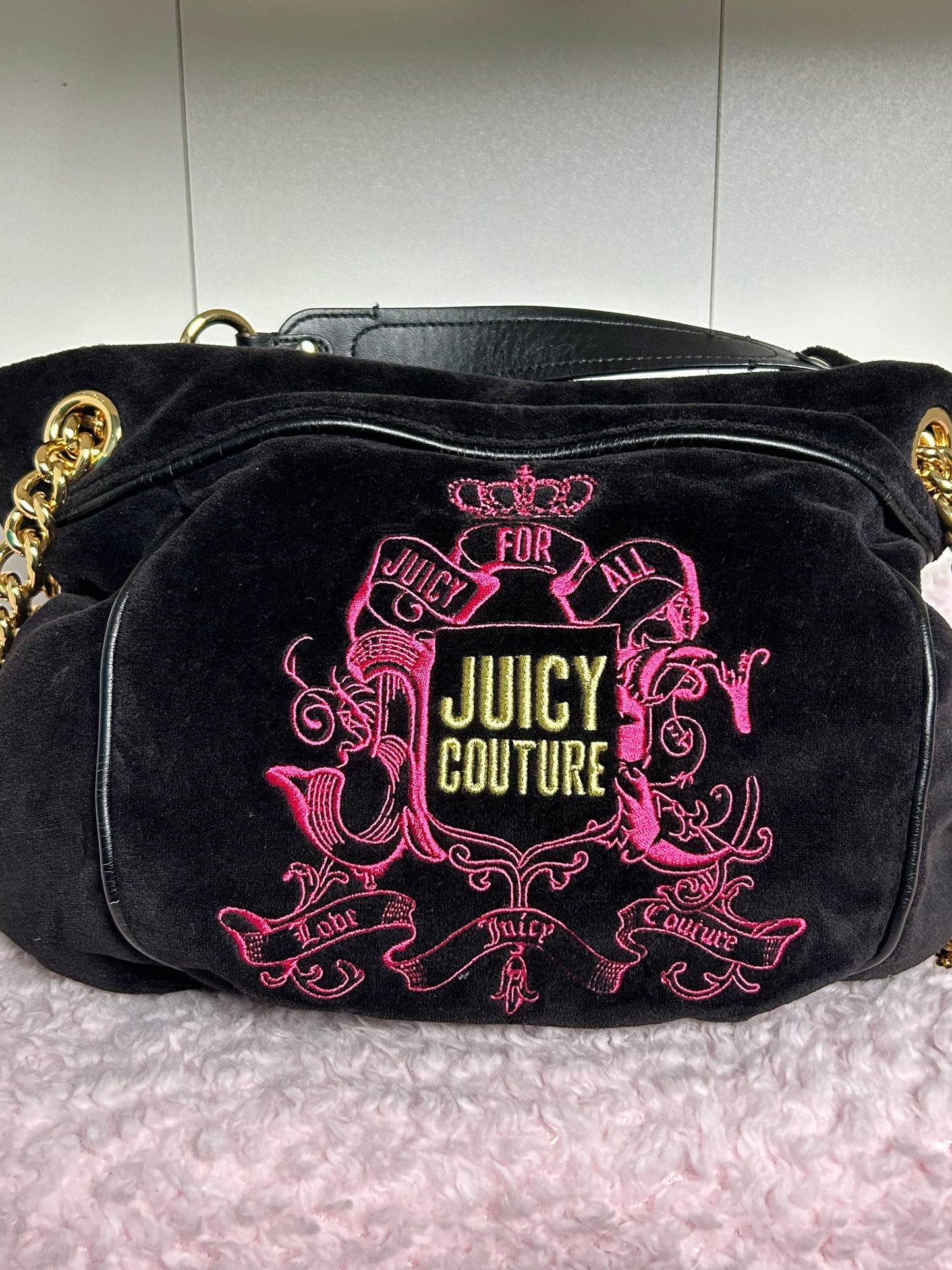 Vintage Juicy Couture Black and Gold Bag Hot Pink Embroidery