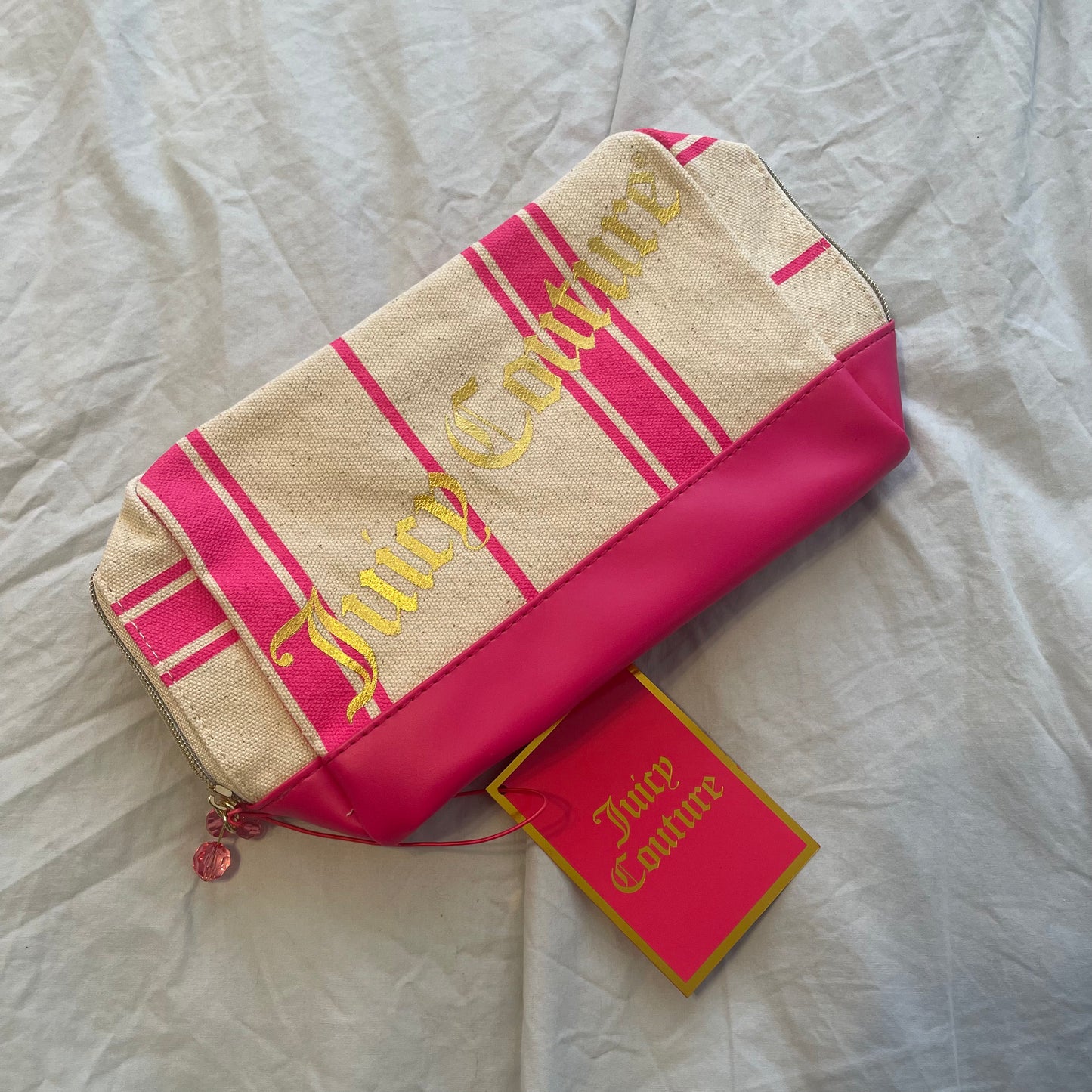Juicy Couture NWT Makeup Bag pink and canvas with pink charm